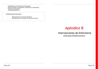 -   Habilidades de afrontamiento inadecuadas.
      -   Historia familiar de alcoholismo, resistencia al tratamiento.
      -   Influencias bioquímicas.
      -   Personalidad adictiva.


   INTERVENCIONES PRINCIPALES

      ·          Mantenimiento de procesos familiares
      .          Tratamiento por el consumo de sustancias nocivas




                                                                                Apéndice B
                                                                          Intervenciones de Enfermería
                                                                              Ordenadas Alfabéticamente




Página |58|                                                                                               Página |59|
 