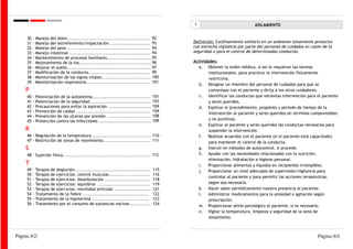 1                               AISLAMIENTO


     30   -   Manejo del dolor...................................................... 92
     31   -   Manejo del estreñimiento/impactación .......................... 93           Definición: Confinamiento solitario en un ambiente totalmente protector
     32   -   Manejo del peso ...................................................... 94    con estrecha vigilancia por parte del personal de cuidados en razón de la
     33   -   Manejo intestinal ..................................................... 94   seguridad o para el control de determinadas conductas.
     34   -   Mantenimiento de procesos familiares............................. 95
     35   -   Mejoramiento de la tos............................................... 96     Actividades:
     36   -   Mejorar el sueño....................................................... 97     a. Obtener la orden médica, sí así lo requieran las normas
     37   -   Modificación de la conducta........................................ 99               institucionales, para practicar la intervención físicamente
     38   -   Monitorización de los signos vitales................................ 100             restrictiva.
     39   -   Monitorización respiratoria.......................................... 101
                                                                                             b. Designar un miembro del personal de cuidados para que se
     P                                                                                             comunique con el paciente y dirija a los otros cuidadores.
     40   -   Potenciación de la autoestima...................................... 101        c. Identificar las conductas que necesitas intervención para el paciente
     41   -   Potenciación de la seguridad........................................ 103             y seres queridos.
     42   -   Precauciones para evitar la aspiración ............................ 104        d. Explicar el procedimiento, propósito y período de tiempo de la
     43   -   Prevención de caídas ................................................ 104            intervención al paciente y seres queridos en términos comprensibles
     44   -   Prevención de las ulceras por presión ............................ 108
     45   -   Protección contra las infecciones .................................. 109             y no punitivos.
                                                                                             e. Explicar al paciente y seres queridos las conductas necesarias para
     R                                                                                             suspender la intervención.
     46 - Regulación de la temperatura ...................................... 110            f. Realizar acuerdos con el paciente (si el paciente está capacitado)
     47 - Restricción de zonas de movimiento............................... 111                    para mantener el control de la conducta.
     S                                                                                       g. Instruir en métodos de autocontrol, si procede.
     48 - Sujeción física......................................................... 112       h. Ayudar con las necesidades relacionadas con la nutrición,
                                                                                                   eliminación, hidratación e higiene personal.
     T                                                                                       i.   Proporcionar alimentos y líquidos en recipientes irrompibles.
     49   - Terapia de deglución.................................................   115      j. Proporcionar un nivel adecuado de supervisión/vigilancia para
     50   - Terapia de ejercicios: control muscular...........................      116
                                                                                                   controlar al paciente y para permitir las acciones terapéuticas,
     51   - Terapia de ejercicios: deambulación .............................       118
     52   - Terapia de ejercicios: equilibrio .................................     119            según sea necesario.
     53   - Terapia de ejercicios: movilidad articular .......................      121      k. Hacer saber periódicamente nuestra presencia al paciente.
     54   - Tratamiento de la fiebre ...........................................    122      l.   Administrar medicamentos para la ansiedad o agitación según
     55   - Tratamiento de la hipotermia .....................................      123            prescripción.
     56   - Tratamiento por el consumo de sustancias nocivas .............          124      m. Proporcionar alivio psicológico al paciente, si es necesario.
                                                                                             n. Vigilar la temperatura, limpieza y seguridad de la zona de
                                                                                                   aislamiento.



Página |62|                                                                                                                                                 Página |63|
 