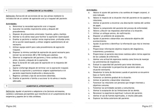 4                        ASPIRACION DE LA VIA AEREA                           Actividades:
                                                                                a.   Valorar el ajuste del paciente a los cambios de imagen corporal, si
Definición: Extracción de secreciones de las vías aéreas mediante la                 está indicado.
introducción de un catéter de aspiración oral y/o traqueal del paciente.        b.   Valorar el impacto de la situación vital del paciente en los papeles y
                                                                                     relaciones.
Actividades:                                                                    c.   Alentar al paciente a encontrar una descripción realista del cambio
    a. Determinar la necesidad aspiración oral o traqueal                            de papel.
    b. Auscultar los sonidos respiratorios antes y después del                  d.   Valorar la comprensión del paciente del proceso de enfermedad.
        procedimiento                                                           e.   Valorar y discutir las respuestas alternativas a la situación.
    c. Disponer de precauciones universales: Guantes, gafas y barbijo.          f.   Utilizar un enfoque sereno, de reafirmación.
    d. Abordar la vía aérea nasal para facilitar la aspiración nasotraqueal     g.   Disponer un ambiente de aceptación.
    e. Enseñar al paciente a realizar varias respiraciones profundas antes      h.   Ayudar al paciente a desarrollar una valoración objetiva del
        de la succión nasotraqueal y utilizar oxígeno suplementario de ser           acontecimiento.
        necesario.                                                              i.   Ayudar al paciente a identificar la información que más le interese
    f. Utilizar equipo estéril para cada procedimiento de aspiración                 obtener.
        traqueal.                                                               j.   Proporcionar información objetiva respecto del diagnóstico,
    g. Disponer la mínima cantidad de aspiración de pared necesaria para             tratamiento y pronóstico.
        extraer las secreciones (80 a 100 mmHg para adultos)                    k.   Proporcionar al paciente elecciones realistas sobre ciertos aspectos
    h. Observar la oxigenación del paciente y ritmo cardíaco (Sat – FC)              de los cuidados de enfermería.
        antes, durante y después de la aspiración.                              l.   Alentar una actitud de esperanza realista como forma de manejar
    i. Basar la duración de cada pase de aspiración en la respuesta del              los sentimientos de impotencia.
        paciente.                                                               m. Evaluar la capacidad del paciente para tomar decisiones.
    j. Aspirar orofaringe después de terminar con la aspiración traqueal.       n.   Tratar de comprender la perspectiva del paciente sobre una
    k. Detener la aspiración y suministrar oxígeno suplementario si el               situación estresante.
        paciente experimenta bradicardia o desaturación.                        o.   Desalentar la toma de decisiones cuando el paciente se encuentre
    l. Registrar cantidad y tipo de secreciones obtenidas.                           bajo un fuerte estrés.
    m. Enseñar al paciente o familia a succionar la vía aérea si resulta        p.   Fomentar un dominio gradual de la situación.
        adecuado.                                                               q.   Animar al paciente a desarrollar relaciones.
                                                                                r.   Favorecer las relaciones con personas que tengan intereses y
5                       AUMENTAR EL AFRONTAMIENTO                                    objetivos comunes.
                                                                                s.   Fomentar las actividades sociales y comunitarias.
Definición: Ayudar al paciente a adaptarse a los factores estresantes,          t.   Alentar la aceptación de las limitaciones de los demás.
cambios o amenazas perceptibles que interfieren en el cumplimiento de las       u.   Reconocer la experiencia espiritual /cultural del paciente.
exigencias y papeles de la vida cotidiana.                                      v.   Alentar el uso de fuentes espirituales, si resulta adecuado.
                                                                                w.   Explorar los éxitos anteriores del paciente.



Página |66|                                                                                                                                     Página |67|
 