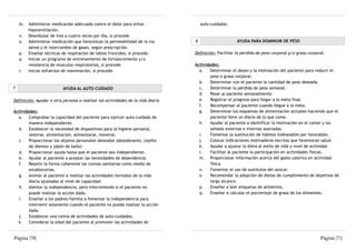 m.   Administrar medicación adecuada contra el dolor para evitar                 auto-cuidados.
         hipoventilación.
    n.   Deambular de tres a cuatro veces por día, si procede.
    o.   Administrar medicación que favorezcan la permeabilidad de la vía        8                     AYUDA PARA DISMINUIR DE PESO
         aérea y el intercambio de gases, según prescripción.
    p.   Enseñar técnicas de respiración de labios fruncidos, si procede.        Definición: Facilitar la pérdida de peso corporal y/o grasa corporal.
    q.   Iniciar un programa de entrenamiento de fortalecimiento y/o
         resistencia de músculos respiratorios, si procede.                      Actividades:
    r.   Iniciar esfuerzos de reanimación, si procede.                             a.    Determinar el deseo y la motivación del paciente para reducir el
                                                                                         peso o grasa corporal.
                                                                                   b.    Determinar con el paciente la cantidad de peso deseada.
7                         AYUDA AL AUTO-CUIDADO                                    c.    Determinar la pérdida de peso semanal.
                                                                                   d.    Pesar al paciente semanalmente.
Definición: Ayudar a otra persona a realizar las actividades de la vida diaria     e.    Registrar el progreso para llegar a la meta final.
                                                                                   f.    Recompensar al paciente cuando llegue a la meta.
Actividades:                                                                       g.    Determinar los esquemas de alimentación actuales haciendo que el
  a.    Comprobar la capacidad del paciente para ejercer auto-cuidado de                 paciente lleve un diario de lo que come.
        manera independiente.                                                      h.    Ayudar al paciente a identificar la motivación en el comer y las
  b. Establecer la necesidad de dispositivos para la higiene personal,                   señales externas e internas asociadas.
        vestirse, alimentación, alimentarse, moverse.                              i.    Fomentar la sustitución de hábitos indeseables por favorables.
  c. Proporcionar los objetos personales deseados (desodorante, cepillo            j.    Colocar indicaciones motivadoras escritas que favorezcan salud.
        de dientes y jabón de baño)                                                k.    Ayudar a ajustar la dieta al estilo de vida y nivel de actividad.
  d. Proporcionar ayuda hasta que el paciente sea independiente.                   l.    Facilitar al paciente la participación en actividades físicas.
  e. Ayudar al paciente a aceptar las necesidades de dependencia.                  m. Proporcionar información acerca del gasto calórico en actividad
  f.    Repetir la forma coherente las rutinas sanitarias como medio de                  física.
        establecerlas.                                                             n.    Fomentar el uso de sustitutos del azúcar.
  g. Animar al paciente a realizar las actividades normales de la vida             o.    Recomendar la adopción de dietas de cumplimiento de objetivos de
        diaria ajustadas al nivel de capacidad.                                          largo alcance.
  h. Alentar la independencia, pero interviniendo si el paciente no                p.    Enseñar a leer etiquetas de alimentos.
        puede realizar la acción dada.                                             q.    Enseñar a calcular el porcentaje de grasa de los alimentos.
  i.    Enseñar a los padres/familia a fomentar la independencia para
        intervenir solamente cuando el paciente no pueda realizar la acción
        dada.
  j.    Establecer una rutina de actividades de auto-cuidados.
  k.    Considerar la edad del paciente al promover las actividades de


Página |70|                                                                                                                                        Página |71|
 