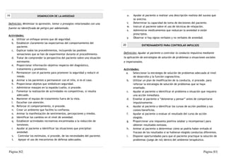 19                      DISMINUCION DE LA ANSIEDAD                                    u.   Ayudar al paciente a realizar una descripción realista del suceso que
                                                                                           se avecina.
 Definición: Minimizar la aprensión, temor o presagios relacionados con una           v.   Determinar la capacidad de toma de decisiones del paciente.
                                                                                      w.   Instruir al paciente sobre el uso de técnicas de relajación.
 fuente no identificada de peligro por adelantado.
                                                                                      x.   Administrar medicamentos que reduzcan la ansiedad si están
                                                                                           prescriptos.
 Actividades:
                                                                                      y.   Observar si hay signos verbales y no verbales de ansiedad.
   a. Utilizar un enfoque sereno que dé seguridad.
   b. Establecer claramente las expectativas del comportamiento del
                                                                                 20               ENTRENAMIENTO PARA CONTROLAR IMPULSOS
        paciente.
   c. Explicar todos los procedimientos, incluyendo las posibles
        sensaciones que se han de experimentar durante el procedimiento.         Definición: Ayudar al paciente a controlar la conducta impulsiva mediante
   d. Tratar de comprender la perspectiva del paciente sobre una situación       la aplicación de estrategias de solución de problemas a situaciones sociales
        estresante.                                                              e impersonales.
   e. Proporcionar información objetiva respecto del diagnóstico,
        tratamiento y pronóstico.                                                Actividades:
   f. Permanecer con el paciente para promover la seguridad y reducir el           a.   Seleccionar la estrategia de solución de problemas adecuada al nivel
        miedo.                                                                          de desarrollo y la función cognoscitiva.
   g. Animar a los pacientes a permanecer con el niño, si es el caso.              b. Utilizar un plan de modificación de la conducta, si procede, para
   h. Proporcionar objetos que simbolicen seguridad.                                    reforzar la estrategia de solución de problemas que se haya
   i. Administrar masajes en la espalda/cuello, si procede.                             enseñado.
   j. Fomentar la realización de actividades no competitivas, si resulta           c. Ayudar al paciente a identificar el problema o situación que requiera
        adecuado.                                                                       una acción inmediata.
   k. Mantener el equipo de tratamiento fuera de la vista.                         d. Enseñar al paciente a “detenerse y pensar” antes de comportarse
   l. Escuchar con atención.                                                            impulsivamente.
   m. Reforzar el comportamiento, si procede.                                      e. Ayudar al paciente a identificar los cursos de acción posibles y sus
   n. Crear un ambiente que facilite la confianza.                                      costes/beneficios.
   o. Animar la manifestación de sentimientos, percepciones y miedos.              f.   Ayudar al paciente a evaluar el resultado del curso de acción
   p. Identificar los cambios en el nivel de ansiedad.                                  elegido.
   q. Establecer actividades recreativas encaminadas a la reducción de             g. Proporcionar una respuesta positiva (alabar y recompensar) para
        tensiones.                                                                      obtener resultados exitosos.
   r. Ayudar al paciente a identificar las situaciones que precipitan              h. Animar al paciente a determinar cómo se podría haber evitado el
        ansiedad.                                                                       fracaso de los resultados si se hubieran elegido conductas diferentes.
   s.    Controlar los estímulos, si procede, de las necesidades del paciente.     i.   Disponer oportunidades para que el paciente practique la solución de
   t.    Apoyar el uso de mecanismos de defensa adecuados.                              problemas (juego de rol) dentro del ambiente terapéutico.



 Página |82|                                                                                                                                         Página |83|
 