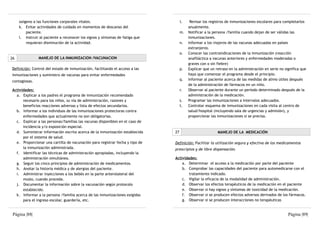 oxígeno a las funciones corporales vitales.                                    l.    Revisar los registros de inmunizaciones escolares para completarlos
     k. Evitar actividades de cuidado en momentos de descanso del                        anualmente.
         paciente.                                                                  m.   Notificar a la persona /familia cuando dejan de ser válidas las
     l. Instruir al paciente a reconocer los signos y síntomas de fatiga que             inmunizaciones.
         requieran disminución de la actividad.                                     n.   Informar a los viajeros de las vacunas adecuadas en países
                                                                                         extranjeros.
                                                                                    o.   Conocer las contraindicaciones de la inmunización (reacción
26              MANEJO DE LA INMUNIZACION /VACUNACION                                    anafiláctica a vacunas anteriores y enfermedades moderadas o
                                                                                         graves con o sin fiebre)
Definición: Control del estado de inmunización, facilitando el acceso a las         p.   Explicar que un retraso en la administración en serie no significa que
inmunizaciones y suministro de vacunas para evitar enfermedades                          haya que comenzar el programa desde el principio.
contagiosas.                                                                        q.   Informar al paciente acerca de las medidas de alivio útiles después
                                                                                         de la administración de fármacos en un niño.
Actividades:                                                                        r.   Observar al paciente durante un período determinado después de la
  a. Explicar a los padres el programa de inmunización recomendado                       administración de la medicación.
      necesario para los niños, su vía de administración, razones y                 s.   Programar las inmunizaciones a intervalos adecuados.
      beneficios reacciones adversas y lista de efectos secundarios.                t.   Controlar esquema de inmunizaciones en cada visita al centro de
  b. Informar a los individuos de las inmunizaciones protectoras contra                  salud/hospital (incluyendo sala de urgencias y admisión), y
      enfermedades que actualmente no son obligatorias.                                  proporcionar las inmunizaciones si se precisa.
  c. Explicar a las personas/familias las vacunas disponibles en el caso de
      incidencia y/o exposición especial.
  d. Suministrar información escrita acerca de la inmunización establecida     27                         MANEJO DE LA MEDICACIÓN
      por el sistema de salud.
  e. Proporcionar una cartilla de vacunación para registrar fecha y tipo de    Definición: Facilitar la utilización segura y efectiva de los medicamentos
      la inmunización administrada.                                            prescriptos y de libre dispensación.
  f. Identificar las técnicas de administración apropiadas, incluyendo la
      administración simultánea.                                               Actividades:
  g. Seguir los cinco principios de administración de medicamentos.                a. Determinar el acceso a la medicación por parte del paciente
  h. Anotar la historia médica y de alergias del paciente.                         b. Comprobar las capacidades del paciente para automedicarse con el
  i. Administrar inyecciones a los bebés en la parte anterolateral del                 tratamiento indicado.
      muslo, cuando proceda.                                                       c. Vigilar la eficacia de la modalidad de administración.
  j. Documentar la información sobre la vacunación según protocolo                 d. Observar los efectos terapéuticos de la medicación en el paciente
      establecido.                                                                 e. Observar si hay signos y síntomas de toxicidad de la medicación.
  k. Informar a la persona /familia acerca de las inmunizaciones exigidas          f. Observar si se producen efectos adversos derivados de los fármacos.
      para el ingreso escolar, guardería, etc.                                     g. Observar si se producen interacciones no terapéuticas


 Página |88|                                                                                                                                        Página |89|
 