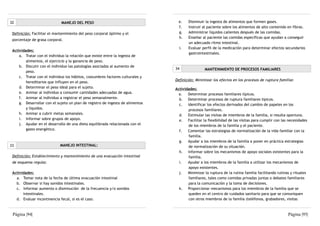 32                           MANEJO DEL PESO                                      e.   Disminuir la ingesta de alimentos que formen gases.
                                                                                  f.   Instruir al paciente sobre los alimentos de alto contenido en fibras.
 Definición: Facilitar el mantenimiento del peso corporal óptimo y el             g.   Administrar líquidos calientes después de las comidas.
                                                                                  h.   Enseñar al paciente las comidas específicas que ayudan a conseguir
 porcentaje de grasa corporal.
                                                                                       un adecuado ritmo intestinal.
                                                                                  i.   Evaluar perfil de la medicación para determinar efectos secundarios
 Actividades:
                                                                                       gastrointestinales.
     a. Tratar con el individuo la relación que existe entre la ingesta de
         alimentos, el ejercicio y la ganancia de peso.
     b. Discutir con el individuo las patologías asociadas al aumento de
                                                                                34               MANTENIMIENTO DE PROCESOS FAMILIARES
         peso.
     c. Tratar con el individuo los hábitos, costumbres factores culturales y
                                                                                Definición: Minimizar los efectos en los procesos de ruptura familiar.
         hereditarios que influyen en el peso.
     d. Determinar el peso ideal para el sujeto.                                Actividades:
     e. Animar al individuo a consumir cantidades adecuadas de agua.              a.   Determinar procesos familiares típicos.
     f. Animar al individuo a registrar el peso semanalmente.                     b. Determinar procesos de ruptura familiares típicos.
     g. Desarrollar con el sujeto un plan de registro de ingesta de alimentos     c. Identificar los efectos derivados del cambio de papeles en los
         y líquidos.                                                                   procesos familiares.
     h. Animar a cubrir metas semanales.                                          d. Estimular las visitas de miembros de la familia, si resulta oportuno.
     i. Informar sobre grupos de apoyo.                                           e. Facilitar la flexibilidad de las visitas para cumplir con las necesidades
     j. Ayudar en el desarrollo de una dieta equilibrada relacionada con el            de los miembros de la familia y el paciente.
         gasto energético.                                                        f.   Comentar las estrategias de normalización de la vida familiar con la
                                                                                       familia.
                                                                                  g. Ayudar a los miembros de la familia a poner en práctica estrategias
33                           MANEJO INTESTINAL:                                        de normalización de su situación.
                                                                                  h. Informar sobre los mecanismos de apoyo sociales existentes para la
 Definición: Establecimiento y mantenimiento de una evacuación intestinal              familia.
 de esquema regular.                                                              i.   Ayudar a los miembros de la familia a utilizar los mecanismos de
                                                                                       apoyo existentes.
 Actividades:                                                                     j.   Minimizar la ruptura de la rutina familia facilitando rutinas y rituales
   a. Tomar nota de la fecha de última evacuación intestinal                           familiares, tales como comidas privadas juntas o debates familiares
   b. Observar si hay sonidos intestinales.                                            para la comunicación y la toma de decisiones.
   c. Informar aumento o disminución de la frecuencia y/o sonidos                 k. Proporcionar mecanismos para los miembros de la familia que se
       intestinales.                                                                   queden en el centro de cuidados sanitario para que se comuniquen
   d. Evaluar incontinencia fecal, si es el caso.                                      con otros miembros de la familia (teléfonos, grabadores, visitas



 Página |94|                                                                                                                                       Página |95|
 