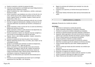 g. Enseñar al paciente a controlar las pautas de sueño.                        w.       Regular los estímulos del ambiente para mantener los ciclos día
  h. Controlar la participación en actividades que causan fatiga durante la               noche normales.
     vigilia para evitar cansancio en exceso.                                        x.   Comentar con el paciente y la familia técnicas para favorecer el
  i. Ajustar el ambiente (luz, ruido, temperatura, colchón y cama) para                   sueño.
     favorecer el sueño.                                                             y.   Proporcionar folletos informativos sobre técnicas favorecedoras del
  j. Animar al paciente a que establezca una rutina a la hora de irse a la                sueño.
     cama, indicios de pre-sueño y objetos familiares (para los niños su
     manta/ juguete favorito, ser mecidos, chupete o cuento; para los
     adultos leer un libro, etc.)
                                                                                37                      MODIFICACIÓN DE LA CONDUCTA.
  k. Ayudar a eliminar las situaciones estresantes antes de irse a la cama.
  l. Controlar la ingesta de alimentación y bebidas a la hora de irse a la
     cama para determinar los productos que faciliten o entorpezcan el          Definición: Promoción de un cambio de conducta.
     sueño.
  m. Ayudar al paciente a evitar a la hora de irse a la cama los alimentos y    Actividades:
     bebidas que interfieran el sueño.                                              a. Determinar la motivación al cambio del paciente.
  n. Ayudar al paciente a limitar el sueño durante el día disponiendo una           b. Ayudar al paciente a identificar su fortaleza y reforzarla.
     actividad que favorezca la vigilia, si procede.                                c. Fomentar la sustitución de hábitos indeseables por deseables.
  o. Enseñar al paciente a realizar una relajación muscular autogénica u            d. Presentar al paciente personas que hayan superado la experiencia.
     otras formas no farmacológicas de inducción del sueño.                         e. Responder dando seguridad en términos de sentimiento cuando se
  p. Disponer /llevar a cabo medidas agradables: masajes, colocación y                  observe que el paciente está libre de síntomas y parezca relajado.
     contacto afectuoso.                                                            f. Ofrecer refuerzo positivo a las decisiones del paciente.
  q. Fomentar el aumento de las horas de sueño si fuera necesario.                  g. Animar al paciente a examinar su propia conducta.
  r. Disponer siestecillas durante el día, si se indica, para cumplir con las       h. Identificar el problema del paciente en términos de conducta.
     necesidades de sueño.                                                          i. Identificar la conducta que ha de cambiarse en términos concretos.
  s. Agrupar las actividades para minimizar el número de despertares;               j. Utilizar períodos específicos para medir unidades pequeñas de
     permitir ciclos de sueño / vigilia del paciente.                                   cambio.
  t. Instruir al paciente y a los seres queridos acerca de los factores             k. Tener en cuenta que resulta más fácil aumentar una conducta que
     (fisiológicos, psicológicos, estilo de vida, cambios frecuentes de                 disminuirla.
     turnos de trabajo, cambios rápidos de zona horaria, horario de                 l. Establecer objetivos de conducta escritos.
     trabajo excesivamente largo y demás factores ambientales) que                  m. Desarrollar un programa de cambio de conducta.
     contribuyan a trastornar el esquema del sueño.                                 n. Establecer un suceso guía de conducta antes de comenzar el cambio.
  u. Identificar las medicaciones que el paciente está tomando para el              o. Animar al paciente a participar del registro de cambio.
     sueño.                                                                         p. Elegir refuerzos que sean positivos para el paciente.
  v. Fomentar el uso de medicamentos para dormir que no contengan
     supresor(es) de la fase REM, si son necesarios.


Página |98|                                                                                                                                        Página |99|
 