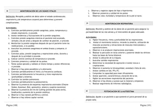 38                MONITORIZACIÓN DE LOS SIGNOS VITALES                            s. Observar y registrar signos de hipo o hipertermia
                                                                                  t.  Observar presencia y calidad de los pulsos
Definición: Recogida y análisis de datos sobre el estado cardiovascular,          u.  Observar color, humedad y temperatura de la piel al tacto.
respiratorio y de temperatura corporal para determinar y prevenir
complicaciones.                                                              39                      MONITORIZACION RESPIRATORIA

Actividades:
                                                                             Definición: Reunión y análisis de los datos de un paciente para asegurar la
  a. Controlar periódicamente presión sanguínea, pulso, temperatura y
                                                                             permeabilidad de las vías aéreas y el intercambio de gases adecuado.
      estado respiratorio, si procede.
  b. Anotar tendencias y fluctuaciones de la presión sanguínea.
                                                                             Actividades:
  c. Controlar presión sanguínea mientras el paciente está acostado,
                                                                                 a. Vigilar frecuencia, ritmo y profundidad de las respiraciones.
      sentado y de pie antes y después de cambiar de posición, si procede.
                                                                                 b. Anotar el movimiento torácico, mirando la simetría, utilización de
  d. Monitorizar la presión sanguínea después de que el paciente tome las
                                                                                     músculos accesorios y retracciones de músculos intercostales y
      medicaciones, si es posible.
                                                                                     supraclaviculares.
  e. Auscultar las presiones sanguíneas en ambos brazos y comparar, si
                                                                                 c. Observar si se producen respiraciones anormales.
      procede.
                                                                                 d. Realizar la percusión en tórax anterior y posterior desde los vértices
  f. Controlar pulso, presión sanguínea y respiraciones antes, durante y
                                                                                     hasta las bases de forma bilateral.
      después de la actividad si procede.
                                                                                 e. Anotar la ubicación de la tráquea.
  g. Colocar control continuo de temperatura si procede.
                                                                                 f. Auscultar sonidos respiratorios
  h. Controlar presencia y calidad de los pulsos.
                                                                                 g. Determinar la necesidad de aspiración si existe roncus o
  i. Tomar pulsos apicales y radiales al mismo tiempo y anotar diferencias
                                                                                     crepitaciones.
      si procede.
                                                                                 h. Observar si aumenta la intranquilidad, ansiedad o falta de aire.
  j. Observar si hay pulso paradójico y/o alternante.
                                                                                 i. Anotar cambios en Sat, FR y FC.
  k. Controlar periódicamente el ritmo y la frecuencia cardíacos.
                                                                                 j. Comprobar la capacidad para toser eficazmente.
  l. Controlar periódicamente la frecuencia y ritmo respiratorios
                                                                                 k. Anotar aparición, características y duración de la tos.
      (profundidad y simetría).
                                                                                 l. Vigilar las secreciones respiratorias del paciente.
  m. Controlar los sonidos pulmonares.
                                                                                 m. Observar si hay disnea y sucesos que la mejoran y empeoran.
  n. Controlar periódicamente la pulsioximetría.
                                                                                 n. Realizar seguimiento de informes radiológicos.
  o. Observar la presencia de esquemas respiratorios anormales (Cheyne
      Stokes, Kussmaul, Biot, apneustico, atáxico y suspiros excesivos)
  p. Observar la presencia de trío de Cushing (presión de pulso ancha,
                                                                             40                     POTENCIACION DE LA AUTOESTIMA
      bradicardia y aumento de la presión sistólica)
  q. Observar si hay cianosis periférica y central.
  r. Observar si hay relleno capilar normal.                                 Definición: Ayudar a un paciente a que aumente el juicio personal de su
                                                                             propia valía.

Página |100|                                                                                                                                  Página |101|
 
