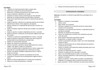 y.   Realizar afirmaciones positivas sobre el paciente.
Actividades:
  a.    Observar las frases del paciente sobre su propia valía.
  b. Determinar la posición de control del paciente.                           41                      POTENCIACION DE LA SEGURIDAD
  c. Determinar la confianza del paciente en sus propios juicios.
  d. Animar al paciente a identificar sus virtudes.
                                                                               Definición: Intensificar el sentido de seguridad física y psicológica de un
  e. Fomentar el contacto visual al comunicarse con otras personas.
  f. Reafirmar las virtudes personales que identifique el paciente.            paciente.
  g. Proporcionar experiencias que aumenten la autonomía del paciente,
                                                                               Actividades:
      si procede.
                                                                                 a.   Disponer un ambiente no amenazador.
  h. Ayudar al paciente a identificar las respuestas positivas de los demás.
                                                                                 b.   Mostrar calma.
  i. Abstenerse de realizar críticas negativas y de quejarse.
                                                                                 c.   Pasar tiempo con el paciente.
  j. Mostrar confianza en la capacidad del paciente para controlar una
                                                                                 d.   Ofrecerse a quedarse con el paciente durante las interacciones
      situación.
                                                                                       iniciales con otras personas.
  k. Ayudar a establecer objetivos realistas para conseguir una autoestima
                                                                                 e.   Permanecer con el paciente para fomentar su seguridad durante los
      más alta.
                                                                                       períodos de ansiedad.
  l. Ayudar al paciente a aceptar la dependencia de otros, si procede.
                                                                                 f.   Presentar los cambios de forma gradual.
  m. Ayudar al paciente a reexaminar las percepciones negativas que tiene
                                                                                 g.   Discutir los cambios que se avecinen (una transferencia de sala)
      de sí mismo.
                                                                                       antes del suceso.
  n. Fomentar el aumento de responsabilidad de sí mismo, si procede.
                                                                                 h.   Evitar producir situaciones emocionales intensas.
  o. Ayudar al paciente a identificar el impacto que tiene el grupo de
                                                                                 i.   Proporcionar un chupete al bebé, si procede.
      similares sobre los sentimientos de su propia valía.
                                                                                 j.   Facilitar la permanencia del padre /madre con el niño hospitalizado
  p. Explorar las consecuciones anteriores.
                                                                                       durante la noche.
  q. Explorar las razones de la autocrítica o culpa.
                                                                                 k.   Facilitar el mantenimiento de los rituales habituales del paciente a
  r. Animar al paciente a identificar efectos importantes de su cultura,
                                                                                       la hora de irse a la cama.
      religión, raza, género y edad en la autoestima.
                                                                                 l.   Animar a la familia a que proporcione objetos personales para el uso
  s. Instruir a los padres sobre la importancia de su interés y apoyo en el
                                                                                       o disfrute del paciente.
      desarrollo de un concepto positivo de sí mismo para sus hijos.
                                                                                 m. Escuchar los miedos del paciente / familia.
  t. Enseñar a los padres a establecer expectativas claras y a definir
                                                                                 n.   Fomentar la exploración de la oscuridad, si procede.
      límites con sus hijos.
                                                                                 o.   Dejar la luz encendida durante la noche, si es necesario.
  u. Enseñar a los padres a reconocer las conquistas de sus hijos.
                                                                                 p.   Discutir situaciones específicas o sobre personas que amenacen al
  v. Comprobar la frecuencia de las manifestaciones negativas sobre sí
                                                                                       paciente o la familia.
      mismo.
                                                                                 q.   Explicar al paciente / familia todas las pruebas y procedimientos.
  w. Observar la falta de seguimiento en la consecución de objetivos.
                                                                                 r.   Responder a las preguntas sobre su salud de una manera sincera.
   x. Observar los niveles de autoestima, si procede.
                                                                                 s. Ayudar al paciente / familia a identificar los factores que aumenten


Página |102|                                                                                                                                     Página |103|
 