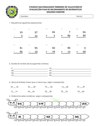 COLEGIO NACIONALIZADO FEMENINO DE VILLAVICENCIO
EVALUACIÓN PLAN DE MEJORAMIENTO DE MATEMATICAS
SEGUNDO BIMESTRE
1. Resuelve las siguientes operaciones:
2. Escribe el nombre de los siguientes números:
-7: ________________________________________ -12:_____________________________________________
-24:_______________________________________ -47:_____________________________________________
-52:_______________________________________ -65:_____________________________________________
-75:_______________________________________ -96:_____________________________________________
3. Ubica el símbolo mayor que o menor que, según corresponda:
25 ___ 45 34 ___ 28 74 ___ 85 16___28 57____39
15___14 45___34 20___28 39___55 92___84
4. Ordena las series numéricas según corresponda:
Nombre: Fecha:
FECHA:
 