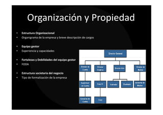 Organización y Propiedad
•   Estructura Organizacional
•   Organigrama de la empresa y breve descripción de cargos

•   Equipo gestor
•   Experiencia y capacidades

•   Fortalezas y Debilidades del equipo gestor
•   FODA

•   Estructura societaria del negocio
•   Tipo de formalización de la empresa
 