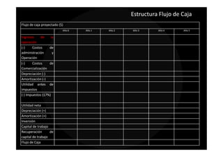 Estructura Flujo de Caja
Flujo de caja proyectado ($)
                           Año 0   Año 1   Año 2   Año 3     Año 4     Año 5

Ingresos    de     la
operación
(-)    Costos     de
administración      y
Operación
(-)    Costos     de
Comercialización
Depreciación (-)
Amortización (-)
Utilidad antes de
impuestos
(-) Impuestos (17%)

Utilidad neta
Depreciación (+)
Amortización (+)
Inversión
Capital de trabajo
Recuperación       de
capital de trabajo
Flujo de Caja
 