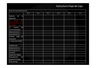 Estructura Flujo de Caja
Flujo de caja proyectado ($)
                           Año 0   Año 1   Año 2   Año 3     Año 4     Año 5

Ingresos    de     la
operación
(-)    Costos     de
administración      y
Operación
(-)    Costos     de
Comercialización
Depreciación (-)
Amortización (-)
Utilidad antes de
impuestos
(-) Impuestos (17%)

Utilidad neta
Depreciación (+)
Amortización (+)
Inversión
Capital de trabajo
Recuperación       de
capital de trabajo
Flujo de Caja
 