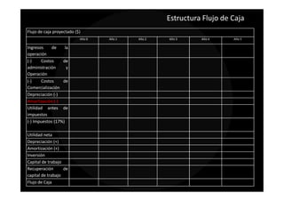 Estructura Flujo de Caja
Flujo de caja proyectado ($)
                           Año 0   Año 1   Año 2   Año 3     Año 4     Año 5

Ingresos    de     la
operación
(-)    Costos     de
administración      y
Operación
(-)    Costos     de
Comercialización
Depreciación (-)
Amortización (-)
Utilidad antes de
impuestos
(-) Impuestos (17%)

Utilidad neta
Depreciación (+)
Amortización (+)
Inversión
Capital de trabajo
Recuperación       de
capital de trabajo
Flujo de Caja
 