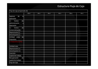 Estructura Flujo de Caja
Flujo de caja proyectado ($)
                           Año 0   Año 1   Año 2   Año 3     Año 4     Año 5

Ingresos    de     la
operación
(-)    Costos     de
administración      y
Operación
(-)    Costos     de
Comercialización
Depreciación (-)
Amortización (-)
Utilidad antes de
impuestos
(-) Impuestos (17%)

Utilidad neta
Depreciación (+)
Amortización (+)
Inversión
Capital de trabajo
Recuperación       de
capital de trabajo
Flujo de Caja
 