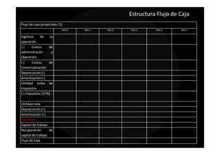 Estructura Flujo de Caja
Flujo de caja proyectado ($)
                           Año 0   Año 1   Año 2   Año 3     Año 4     Año 5

Ingresos    de     la
operación
(-)    Costos     de
administración      y
Operación
(-)    Costos     de
Comercialización
Depreciación (-)
Amortización (-)
Utilidad antes de
impuestos
(-) Impuestos (17%)

Utilidad neta
Depreciación (+)
Amortización (+)
Inversión
Capital de trabajo
Recuperación       de
capital de trabajo
Flujo de Caja
 