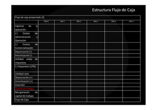 Estructura Flujo de Caja
Flujo de caja proyectado ($)
                           Año 0   Año 1   Año 2   Año 3     Año 4     Año 5

Ingresos    de     la
operación
(-)    Costos     de
administración      y
Operación
(-)    Costos     de
Comercialización
Depreciación (-)
Amortización (-)
Utilidad antes de
impuestos
(-) Impuestos (17%)

Utilidad neta
Depreciación (+)
Amortización (+)
Inversión
Capital de trabajo
Recuperación       de
capital de trabajo
Flujo de Caja
 