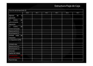 Estructura Flujo de Caja
Flujo de caja proyectado ($)
                           Año 0   Año 1   Año 2   Año 3     Año 4     Año 5

Ingresos    de     la
operación
(-)    Costos     de
administración      y
Operación
(-)    Costos     de
Comercialización
Depreciación (-)
Amortización (-)
Utilidad antes de
impuestos
(-) Impuestos (17%)

Utilidad neta
Depreciación (+)
Amortización (+)
Inversión
Capital de trabajo
Recuperación       de
capital de trabajo
Flujo de Caja
 