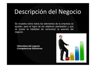 Descripción del Negocio
Se muestra cómo todos los elementos de la empresa se
ajustan, para el logro de los objetivos planteados y que
se posee la habilidad de comunicar la esencia del
negocio.




 •Naturaleza del negocio
 •Competencias Distintivas
 