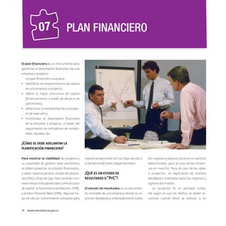 07

PLAN FINANCIERO

El plan financiero es un instrumento para
gestionar el desempeño financiero de una
empresa o proyecto.
Un plan financiero sirve para:
•	 identificar los requerimientos de capital
de una empresa o proyecto,
•	 definir la mejor estructura de capital
(financiamiento a través de deuda o de
patrimonio),
•	 determinar la rentabilidad de un proyecto de inversión y
•	 monitorear el desempeño financiero
de la empresa o proyecto, a través del
seguimiento de indicadores de rentabilidad, liquidez, etc.

¿Cómo se debe adelantar la
planificación financiera?
Para mostrar la viabilidad del proyecto y

realizar proyecciones son las hojas de cálcu-

los ingresos y egresos durante un período

su capacidad de generar valor económico

lo de Microsoft Excel o Apple Numbers.

determinado, para el caso de las empre-

se deben proyectar los estados financieros,
a saber: balance general, estado de resultados (PyG) y flujo de caja. Pero también con-

sas en marcha. Para el caso de las ideas

¿Qué es un estado de
resultados o “PyG”?

viene revisar indicadores tales como el costo

o proyectos, se registrarán de manera
detallada y ordenada todos los ingresos y
egresos estimados.

de capital, la Tasa Interna de Retorno, (TIR),

El estado de resultados es un documen-

La causación es un principio conta-

y el Valor Presente Neto (VPN). Algunas ho-

to contable de una empresa donde se re-

ble según el cual los hechos se deben re-

jas de cálculo comúnmente utilizadas para

gistran detallada y ordenadamente todos

conocer cuando éstos se realicen, y no

38  www.mincomercio.gov.co

 