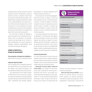 MANUAL PARA LA ELABORACIóN DE PLANES DE NEGOCIOS

necesariamente cuando se recibe o se hace

participación de mercado esperada por la

el pago de dinero. Por ejemplo, cuando se

empresa, precios de venta, etc.

Ejemplo de Estado
de resultados

realiza una venta, se registra el valor total

Esta proyección se realiza desagregán-

de la venta en el estado de resultados, inde-

dolos de acuerdo con alguno o varios de

Estado de resultados año 1

pendiente de si el pago se realiza de contado

los siguientes criterios: i) tipo de producto

(+) Ingresos operacionales, neto

o de si queda pendiente una cuenta por co-

o servicio, ii) línea de negocio, iii) cliente,

(-) Costos de producción

60

brar. Para el caso de las proyecciones, si bien

iv) región o por país. Cualquiera que sea el

la venta aún no se ha realizado, las ventas

criterio anterior utilizado, el volumen de

Utilidad bruta

40

estimadas para los próximos años deberán

ventas (cantidad) y el precio unitario del

registrarse anualmente en las proyecciones

producto o servicio se deben proyectar de

bajo el mismo principio de causación.

manera separada.

(%) Margen bruto

100

40%

(-) Gastos generales
y de administración

3

(-) Gastos de ventas

5

Por otro lado, el estado de pérdidas y

Una buena proyección de ventas permi-

ganancias expone los resultados de la com-

te identificar la concentración del negocio

pañía y cómo se obtuvieron. Por ejemplo,

por tipo de producto o servicio, por línea de

(-) Depreciaciones
y amortizaciones

2

muestra qué porcentaje de los costos to-

negocio, por cliente, por región o por país.

(-) Otros gastos operacionales

1

tales corresponde a los costos salariales e

También permite monitorear el impacto de

identifica aspectos fundamentales para

las variaciones del volumen o de las varia-

maximizar el resultado del negocio.

ciones del precio unitario en la totalidad del

Utilidad operacional
(%) Margen operativo

29
29%

negocio cuando se realicen ejercicios de sen-

¿Cómo se proyecta el
estado de resultados?

(+) Ingresos no operacionales

5

sibilidad, que serán explicados más adelante.

(-) Gastos financieros

4

(-) Otros gastos no operacionales

2

Costos de producción
Para proyectar el estado de resultados se

Los costos de producción son los costos de

deben tener en cuenta cinco elementos clave:

cualquier artículo, bien o producto emplea-

Utilidad antes de impuestos
(-) Provisión de impuestos (33%)

28
9.24

do en la producción de los bienes o servicios

Utilidad neta

18.76

Ingresos Operacionales

vendidos. Estos costos de producción están

Margen neto

18.76%

Son los ingresos de la compañía relaciona-

conformados por tres tipos de costos:

dos directamente con la actividad principal

Materiales Directos (MD) o Materias

del negocio y de carácter recurrente, una

Primas (MP): son aquellos insumos nece-

camisas o el acero utilizado en la fabrica-

vez restadas las devoluciones y descuentos.

sarios para la fabricación del producto o

ción de un automóvil.

Las proyecciones de los ingresos opera-

prestación del servicio, que pueden aso-

Mano de Obra Directa (MOD): corres-

cionales toman como insumo los principa-

ciarse fácilmente al producto y que repre-

ponde a los salarios básicos, las presta-

les supuestos del plan de mercado (capítulo

sentan un costo importante del producto

ciones sociales y los aportes patronales,

3 de este manual): crecimiento del mercado

terminado, a saber: la tela, el hilo y los bo-

incluyendo los aportes parafiscales, de los

total, crecimiento del mercado objetivo,

tones que se utilizan en la fabricación de

trabajadores involucrados directamente

www.mincomercio.gov.co  39

 