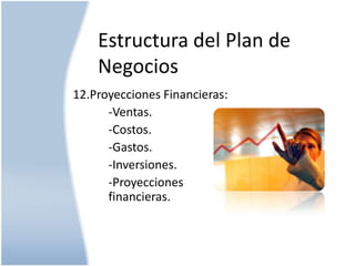 Estructura del Plan de
Negocios
12.Proyecciones Financieras:
-Ventas.
-Costos.
-Gastos.
-Inversiones.
-Proyecciones
financieras.

 