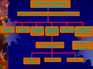 Coordinador
Técnico
Autoridades y/o
Organismos
Competentes
Coordinador
Suministros
Coordinador
Ayuda Externa y
Comunicaciones
Coordinador
Medico
Coordinador
Protección
Civil
Coordinador
Seguridad
Industrial
Extinción de
Incendios
Desalojo
Rescate
Bomberos y/o Brigadas de
la Empresa
Estructura Organizativa
Plan de Emergencia
Jefe del Grupo de Control del Comando de Emergencia
 