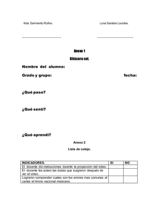 Inda Sarmiento Rufino. Luna Sarabia Lourdes. 
_________________________ _______________________ 
Anexo 1 
Bitácora col. 
Nombre del alumno: 
Grado y grupo: fecha: 
¿Qué paso? 
¿Qué sentí? 
¿Qué aprendí? 
Anexo 2 
Lista de cotejo. 
INDICADORES. SI NO 
El docente dio instrucciones durante la proyección del video. 
El docente les aclaro las dudas que surgieron después de 
ver el video. 
Lograron comprender cuales son los errores mas comunes al 
cantar el himno nacional mexicano. 
 