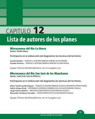 LISTA DE AUTORES DE LOS PLANES
121
CAPITULO 12
Lista de autores de los planes
Microcuenca del Río La Horca
Autor: Pedro Baca.
Participaron en la elaboración del diagnóstico los técnicos del territorio:
Gerald Zeledón – TÉCNICO DE LA SECRETARIA AMBIENTAL MUNICIPAL DE SAN FERNANDO.
Claudio Ramírez – TÉCNICO DE LA SECRETARIA AMBIENTAL MUNICIPAL DE CIUDAD ANTIGUA.
Equipo Técnico Multidisciplinario, ver en la pagina 125:
Microcuenca del Río San José de los Manchones
Autor: José Iván García Olivera.
Participaron en la elaboración del diagnóstico los técnicos del territorio:
Eduar Yoseth Lumbi Vásquez – TÉCNICODELASECRETARIAAMBIENTALDEQUILALÍ,CONTRAPARTEDEPROYECTOUNOPS.
Holvin Zelaya Pinell – RESPONSABLE DE DESARROLLO ECONÓMICO LOCAL DE ALCALDÍA MUNICIPAL DE QUILALÍ.
Jorge Gómez Medina – DIRECTOR DE PLANIFICACIÓN DE ALCALDÍA MUNICIPAL DE QUILALÍ.
Alexander Cárdenas González – TÉCNICO DE PROYECTOS DE ALCALDÍA MUNICIPAL DE QUILALÍ.
Equipo Técnico Multidisciplinario, ver en la pagina 125:
 