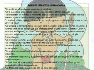 POSIBLES ESTRATEGIAS MEDIADORAS
°Se recibiran a los niños de una manear cariñosa.
°Se le informara a los padres y representantes sobre El Plan Especial.
°se reforzarán los hábitos al momento del desayuno tales como: comer con la boca
cerrada. Colocar la basura en su lugar, entre otros.
°Los niños, niñas y docentes formarán un circulo y conversarán sobre hechos ocurridos
el 12-10-1.842
°Se utilizará la computadora e internet para mostrarle a los niños y niñas imágenes e
ilustraciones de los personajes que protagonizaron dichos hechos (Cristóbal Colón y
nuestros aborígenes) así como Las Calaveras y algunas costumbres y tradiciones de
nuestros indígenas y de esta manera iniciar al niño en el uso de la tecnología
(computadora)
°Se invitará a los niños y niñas a observar y describir las imágenes mostradas.
°Se contestaran preguntas y aclarar dudas que puedan surgir.
°Se incentivará a los niños y niñas a colorear y realizar dibujos relacionados con el
tema tratado.
°Se realizaran manualidades imitando algunos accesorios que utilizan nuestros
indigenas.
°Se informara a los niños y niñas mediante una canción que llegó el momento de
Orden y Limpieza.
°Se solicitara a los padres/representantes la colaboración de que refuercen los
aprendizajes adquiridos en el aula.
°Se despedirá a los niños y niñas con un beso cariñoso.
 