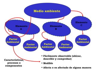 Medio ambiente


                                                          Elemento
         Elemento                    Elemento                C
            A                           B



  Factor                                                   Factor
 Ambiental                                                Ambiental
                    Factor      Factor        Factor
                   Ambiental   Ambiental     Ambiental


                               • Fácilmente observable (ubicar,
Características,                 describir y comprobar)
   procesos o                  • Medible
 componentes
                               • Afecta o es afectado de alguna manera
 