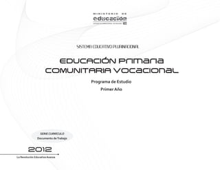SISTEMA EDUCATIVO PLURINACIONAL


                        EDUCACIÓN primaria
                      COMUNITARIA vocacional
                                              Programa de Estudio
                                                  Primer Año




                 SERIE CURRÍCULO
                Documento de Trabajo



        2012
La Revolución Educativa Avanza
 