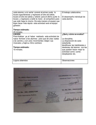 cada alumno a mi señal correrá al primer punto lo 
tocara agachándose y regresara al sitio de salida, 
tocara el sitio de salida y volverá para el último punto lo 
tocara y regresara a darle la mano al compañero para 
que este haga lo mismo. De esta manera el equipo que 
logre hacer más rápido esta actividad será el equipo 
ganador. 
Tiempo estimado: 
25 minutos. 
El trabajo colaborativo. 
El desempeño individual de 
cada alumno. 
CIERRE 
Para finalizar ya al haber realizado esta actividad de 
nuevo formare a los alumnos para que de unas vuelas 
a la cancha y con unos movimientos relajen sus 
músculos y bajé su ritmo cardiaco 
Tiempo estimado: 
10 minutos. 
¿Qué y cómo se evalúa? 
La disciplina. 
La disposición de cada 
estudiante. 
Identificare las habilidades o 
destrezas del alumno con las 
que pueden hacer mejor la 
actividad como: correr, 
desplazarse etc. 
Logros obtenidos Observaciones 
