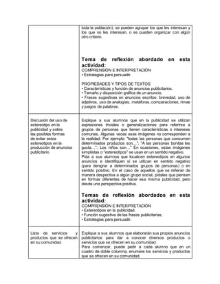 toda la población); se pueden agrupar los que les interesan y 
los que no les interesan, o se pueden organizar con algún 
otro criterio. 
Tema de reflexión abordado en esta 
actividad: 
COMPRENSIÓN E INTERPRETACIÓN 
• Estrategias para persuadir. 
PROPIEDADES Y TIPOS DE TEXTOS 
• Características y función de anuncios publicitarios. 
• Tamaño y disposición gráfica de un anuncio. 
• Frases sugestivas en anuncios escritos: brevedad, uso de 
adjetivos, uso de analogías, metáforas, comparaciones, rimas 
y juegos de palabras. 
Discusión del uso de 
estereotipo en la 
publicidad y sobre 
las posibles formas 
de evitar estos 
estereotipos en la 
producción de anuncios 
publicitario 
Explique a sus alumnos que en la publicidad se utilizan 
expresiones triviales o generalizaciones para referirse a 
grupos de personas que tienen características o intereses 
comunes. Algunas veces esas imágenes no corresponden a 
la realidad. Por ejemplo: "todas las personas que consumen 
determinados productos son…”; “A las personas bonitas les 
gusta…”; Los niños son…” En ocasiones, estas imágenes 
simplistas o “estereotipos” se usan en un sentido negativo. 
Pida a sus alumnos que localicen estereotipos en algunos 
anuncios e identifiquen si se utilizan en sentido negativo 
(para denigrar a determinados grupos de personas) o en 
sentido positivo. En el caso de aquellos que se refieran de 
manera despectiva a algún grupo social, pídales que piensen 
en formas diferentes de hacer esa misma publicidad, pero 
desde una perspectiva positiva. 
Temas de reflexión abordados en esta 
actividad: 
COMPRENSIÓN E INTERPRETACIÓN 
• Estereotipos en la publicidad. 
• Función sugestiva de las frases publicitarias. 
• Estrategias para persuadir. 
Lista de servicios y 
productos que se ofrecen 
en su comunidad. 
Explique a sus alumnos que elaborarán sus propios anuncios 
publicitarios para dar a conocer diversos productos o 
servicios que se ofrecen en su comunidad. 
Para comenzar, puede pedir a cada alumno que en un 
cuadro de doble columna, enumere los servicios y productos 
que se ofrecen en su comunidad. 
 