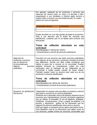 Por ejemplo, partiendo de los productos y servicios que 
observan de camino entre su casa y la escuela, o bien, 
preguntando a sus familiares si ofrecen algún servicio y 
quieren darlo a conocer a la comunidad escolar. El cuadro 
podría ser como el siguiente: 
Anunciante servicio. Productos. 
Puede escribirlo en una hoja grande de papel en el pizarrón. 
Pida a sus alumnos que le dicten los servicios que 
identificaron, cuidando que no se repitan para construir una 
lista grupal. 
Tema de reflexión abordado en esta 
actividad: 
PROPIEDADES Y TIPOS DE TEXTO 
• Características y función de anuncios publicitarios. 
Selección de 
productos o servicios 
que se ofrecen en 
la comunidad para 
elaborar anuncios 
publicitario. 
Comente con sus alumnos que harán anuncios publicitarios 
para algunos de los servicios o productos incluidos en la lista 
que elaboraron. Decida con ellos cuáles consideran que 
valdría la pena dar a conocer en la comunidad. Pueden 
elegirlos tomando en consideración cuáles son más 
necesarios para el bienestar de los integrantes de la 
comunidad o cuáles pueden resultar de mayor interés. 
También pueden hacer un anuncio para cada uno de los 
productos o servicios identificados. 
Tema de reflexión abordado en esta 
actividad: 
PROPIEDADES DE TIPOS DE TEXTOS 
• Características y función de anuncios publicitarios. 
Esquema de planificación 
del anuncio. 
Organícelos en equipos para que elijan un producto o servicio 
para darlo a conocer en su anuncio publicitario. 
Partiendo de lo aprendido acerca de distintos aspectos de los 
anuncios (sus características y función; las frases sugestivas 
que se utilizan; la brevedad, el uso de adjetivos, analogías, 
metáforas, comparaciones, rimas y juegos de palabras y el 
tamaño y disposición gráfica de los elementos que los 
integran) los alumnos planificarán cómo será su anuncio. 
Pida que hagan un esquema de los datos que podrían incluir. 
Para Identificar cuál es la información que deben incluir en 
sus anuncios, pueden revisar los anuncios comerciales que 
 