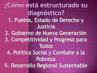 ¿Cómo está estructurado su diagnóstico?1. Puebla, Estado de Derecho y Justicia2. Gobierno de Nueva Generación3. Competitividad y Progreso para Todos4. Política Social y Combate a la Pobreza5. Desarrollo Regional Sustentable
