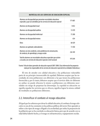 24
Matrícula de los Servicios de Educación Especial
Alumnos con discapacidad que presentan necesidades educativas
especiales y que son atendidos por los servicios de educación especial
171 685
Alumnos con discapacidad visual 4 852
Alumnos con discapacidad auditiva 13 470
Alumnos con discapacidad intelectual 73 280
Alumnos con discapacidad motora 654
Otros 66 429
Alumnos con aptitudes sobresalientes 11 450
Alumnos con otra condición, como problemas de comunicación,
de conducta, de aprendizaje y rezago escolar
236 109
Total de alumnos con necesidades educativas especiales que asisten
a escuelas con servicios de educación especial a nivel nacional
419 244
Fuente: Ficha de datos generales de educación especial 2007-2008. (Esta información fue proporcio-
nada por los responsables de los servicios de educación especial de las entidades federativas.)
El reto de atender con calidad educativa a las poblaciones vulnerables
parte de un principio irrenunciable de equidad. Debemos aceptar que las ne-
cesidades de estas poblaciones son diferentes a las que tienen las poblaciones
favorecidas y, por lo tanto, debemos aceptar que el servicio debe ser diferente
en ambas: no puede ofrecerse lo mismo a poblaciones con diferentes nece-
sidades sin riesgo de perpetuar las desventajas. La equidad en educación no
significa igualar los servicios que se ofrecen, significa lograr la misma calidad
de resultados en poblaciones diferentes.
2.2. Intensificar el combate al rezago educativo
Al igual que los esfuerzos por elevar la calidad educativa,el combate al rezago edu-
cativo es una de las constantes en las políticas públicas del sector.Este apartado se
refiere a dos tipos de rezago: el ligado a la escolaridad,que indica la proporción de
la población que no ha concluido su educación básica,pero que de acuerdo con su
edad debía haberlo hecho, y el rezago en infraestructura y equipamiento escolar.
 