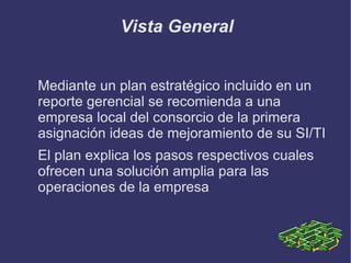 Vista General Mediante un plan estratégico incluido en un reporte gerencial se recomienda a una empresa local del consorcio de la primera asignación ideas de mejoramiento de su SI/TI  