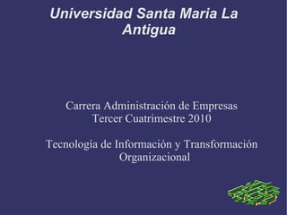Universidad Santa Maria La Antigua Carrera Administración de Empresas Tercer Cuatrimestre 2010 Tecnología de Información y Transformación Organizacional 