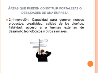 ÁREAS QUE PUEDEN CONSTITUIR FORTALEZAS O
DEBILIDADES DE UNA EMPRESA
 2.-Innovaciòn. Capacidad para generar nuevos
productos, creatividad, calidad de los diseños,
fiabilidad, acceso a a fuentes externas de
desarrollo tecnológicos y otros similares.
 