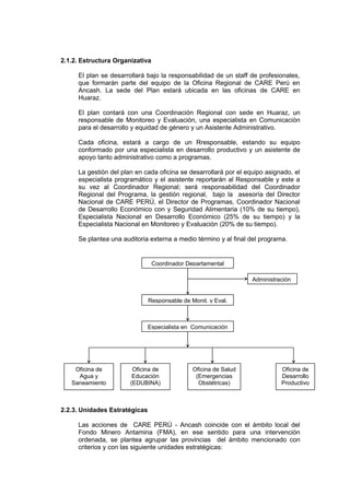 2.1.2. Estructura Organizativa
El plan se desarrollará bajo la responsabilidad de un staff de profesionales,
que formarán parte del equipo de la Oficina Regional de CARE Perú en
Ancash. La sede del Plan estará ubicada en las oficinas de CARE en
Huaraz.
El plan contará con una Coordinación Regional con sede en Huaraz, un
responsable de Monitoreo y Evaluación, una especialista en Comunicación
para el desarrollo y equidad de género y un Asistente Administrativo.
Cada oficina, estará a cargo de un Rresponsable, estando su equipo
conformado por una especialista en desarrollo productivo y un asistente de
apoyo tanto administrativo como a programas.
La gestión del plan en cada oficina se desarrollará por el equipo asignado, el
especialista programático y el asistente reportarán al Responsable y este a
su vez al Coordinador Regional; será responsabilidad del Coordinador
Regional del Programa, la gestión regional, bajo la asesoría del Director
Nacional de CARE PERÚ, el Director de Programas, Coordinador Nacional
de Desarrollo Económico con y Seguridad Alimentaria (10% de su tiempo),
Especialista Nacional en Desarrollo Económico (25% de su tiempo) y la
Especialista Nacional en Monitoreo y Evaluación (20% de su tiempo).
Se plantea una auditoria externa a medio término y al final del programa.

Coordinador Departamental
Administración
Responsable de Monit. y Eval.

Especialista en Comunicación

Oficina de
Agua y
Saneamiento

Oficina de
Educación
(EDUBINA)

Oficina de Salud
(Emergencias
Obstétricas)

Oficina de
Desarrollo
Productivo

2.2.3. Unidades Estratégicas
Las acciones de CARE PERÚ - Ancash coincide con el ámbito local del
Fondo Minero Antamina (FMA), en ese sentido para una intervención
ordenada, se plantea agrupar las provincias del ámbito mencionado con
criterios y con las siguiente unidades estratégicas:

 