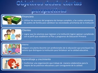 Financiera
• Utilizar los recursos del programa de tiempo completo, y las cuotas voluntarias
de padres de familia para satisfacer las necesidades prioritarias de la institución
Clientes
• Lograr que los alumnos que ingresen a la institución logren egresar cumpliendo
con el perfil que establecen el Plan y programas de Educación Primaria
Interna
Integrar una planta docente con profesionales de la educación que practiquen los
valores que distinguen la institución para fortalecer así la calidad educativa.
Aprendizaje y crecimiento
• Conformar una organización que trabaje de manera colaborativa para la
mejora de las prácticas educativas y por consiguiente de la calidad.
 