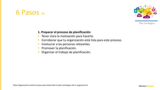 Plan Estratégico
https://agorasocial.com/los-6-pasos-para-desarrollar-el-plan-estrategico-de-tu-organizacion/
6 Pasos 1/6
1. Preparar el proceso de planificación
 Tener clara la motivación para hacerlo.
 Corroborar que tu organización está lista para este proceso.
 Involucrar a las personas relevantes.
 Promover la planificación.
 Organizar el trabajo de planificación.
 