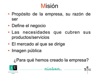 Misión
• Propósito de la empresa, su razón de
  ser
• Define el negocio
• Las necesidades que cubren sus
  productos/servicios
• El mercado al que se dirige
• Imagen pública

  ¿Para qué hemos creado la empresa?
 