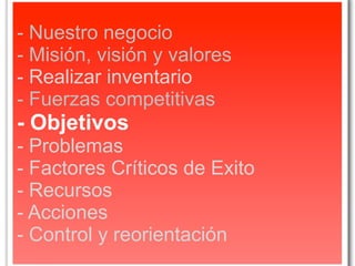 - Nuestro negocio
- Misión, visión y valores
- Realizar inventario
- Fuerzas competitivas
- Objetivos
- Problemas
- Factores Críticos de Exito
- Recursos
- Acciones
- Control y reorientación
 
