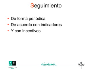 Seguimiento

• De forma periódica
• De acuerdo con indicadores
• Y con incentivos
 