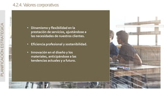 4.2.4. Valores corporativos
PLANIFICACIÓN
ESTRATEGICA
• Dinamismo y flexibilidad en la
prestación de servicios, ajustándose a
las necesidades de nuestros clientes.
• Eficiencia profesional y sostenibilidad.
• Innovación en el diseño y los
materiales, anticipándose a las
tendencias actuales y a futuro.
 