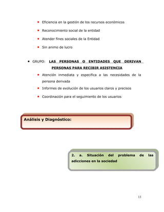 • Eficiencia en la gestión de los recursos económicos
• Reconocimiento social de la entidad
• Atender fines sociales de la Entidad
• Sin animo de lucro
• GRUPO: LAS PERSONAS O ENTIDADES QUE DERIVAN
PERSONAS PARA RECIBIR ASISTENCIA
• Atención inmediata y especifica a las necesidades de la
persona derivada
• Informes de evolución de los usuarios claros y precisos
• Coordinación para el seguimiento de los usuarios
13
Análisis y Diagnóstico:Análisis y Diagnóstico:
2. a. Situación del problema de las
adicciones en la sociedad
2. a. Situación del problema de las
adicciones en la sociedad
 