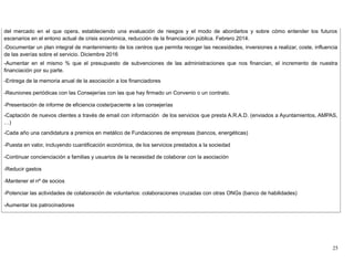 del mercado en el que opera, estableciendo una evaluación de riesgos y el modo de abordarlos y sobre cómo entender los futuros
escenarios en el entono actual de crisis económica, reducción de la financiación pública. Febrero 2014.
-Documentar un plan integral de mantenimiento de los centros que permita recoger las necesidades, inversiones a realizar, coste, influencia
de las averías sobre el servicio. Diciembre 2016
-Aumentar en el mismo % que el presupuesto de subvenciones de las administraciones que nos financian, el incremento de nuestra
financiación por su parte.
-Entrega de la memoria anual de la asociación a los financiadores
-Reuniones periódicas con las Consejerías con las que hay firmado un Convenio o un contrato.
-Presentación de informe de eficiencia coste/paciente a las consejerías
-Captación de nuevos clientes a través de email con información de los servicios que presta A.R.A.D. (enviados a Ayuntamientos, AMPAS,
…)
-Cada año una candidatura a premios en metálico de Fundaciones de empresas (bancos, energéticas)
-Puesta en valor, incluyendo cuantificación económica, de los servicios prestados a la sociedad
-Continuar concienciación a familias y usuarios de la necesidad de colaborar con la asociación
-Reducir gastos
-Mantener el nº de socios
-Potenciar las actividades de colaboración de voluntarios: colaboraciones cruzadas con otras ONGs (banco de habilidades)
-Aumentar los patrocinadores
25
 