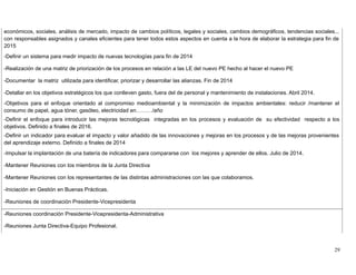 económicos, sociales, análisis de mercado, impacto de cambios políticos, legales y sociales, cambios demográficos, tendencias sociales...
con responsables asignados y canales eficientes para tener todos estos aspectos en cuenta a la hora de elaborar la estrategia para fin de
2015
-Definir un sistema para medir impacto de nuevas tecnologías para fin de 2014
-Realización de una matriz de priorización de los procesos en relación a las LE del nuevo PE hecho al hacer el nuevo PE
-Documentar la matriz utilizada para identificar, priorizar y desarrollar las alianzas. Fin de 2014
-Detallar en los objetivos estratégicos los que conlleven gasto, fuera del de personal y mantenimiento de instalaciones. Abril 2014.
-Objetivos para el enfoque orientado al compromiso medioambiental y la minimización de impactos ambientales: reducir /mantener el
consumo de papel, agua tóner, gasóleo, electricidad en………/año
-Definir el enfoque para introducir las mejoras tecnológicas integradas en los procesos y evaluación de su efectividad respecto a los
objetivos. Definido a finales de 2016.
-Definir un indicador para evaluar el impacto y valor añadido de las innovaciones y mejoras en los procesos y de las mejoras provenientes
del aprendizaje externo. Definido a finales de 2014
-Impulsar la implantación de una batería de indicadores para compararse con los mejores y aprender de ellos. Julio de 2014.
-Mantener Reuniones con los miembros de la Junta Directiva
-Mantener Reuniones con los representantes de las distintas administraciones con las que colaboramos.
-Iniciación en Gestión en Buenas Prácticas.
-Reuniones de coordinación Presidente-Vicepresidenta
-Reuniones coordinación Presidente-Vicepresidenta-Administrativa
-Reuniones Junta Directiva-Equipo Profesional.
29
 