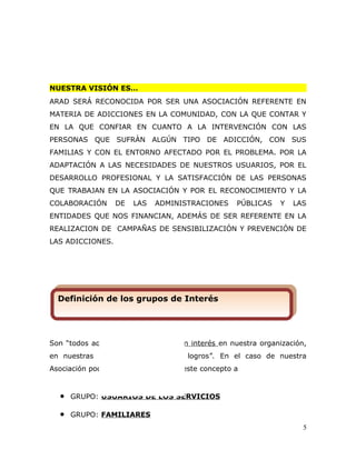 NUESTRA VISIÓN ES…
ARAD SERÁ RECONOCIDA POR SER UNA ASOCIACIÓN REFERENTE EN
MATERIA DE ADICCIONES EN LA COMUNIDAD, CON LA QUE CONTAR Y
EN LA QUE CONFIAR EN CUANTO A LA INTERVENCIÓN CON LAS
PERSONAS QUE SUFRÀN ALGÚN TIPO DE ADICCIÓN, CON SUS
FAMILIAS Y CON EL ENTORNO AFECTADO POR EL PROBLEMA. POR LA
ADAPTACIÓN A LAS NECESIDADES DE NUESTROS USUARIOS, POR EL
DESARROLLO PROFESIONAL Y LA SATISFACCIÓN DE LAS PERSONAS
QUE TRABAJAN EN LA ASOCIACIÓN Y POR EL RECONOCIMIENTO Y LA
COLABORACIÓN DE LAS ADMINISTRACIONES PÚBLICAS Y LAS
ENTIDADES QUE NOS FINANCIAN, ADEMÁS DE SER REFERENTE EN LA
REALIZACION DE CAMPAÑAS DE SENSIBILIZACIÓN Y PREVENCIÓN DE
LAS ADICCIONES.
Son “todos aquellos grupos que tienen interés en nuestra organización,
en nuestras actividades y nuestros logros”. En el caso de nuestra
Asociación podemos incluir dentro de este concepto a
• GRUPO: USUARIOS DE LOS SERVICIOS
• GRUPO: FAMILIARES
5
Definición de los grupos de InterésDefinición de los grupos de Interés
 