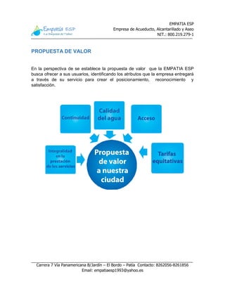 EMPATIA ESP
Empresa de Acueducto, Alcantarillado y Aseo
NIT.: 800.219.279-1
Carrera 7 Vía Panamericana B/Jardín – El Bordo – Patía Contacto: 8262056-8261856
Email: empatiaesp1993@yahoo.es
PROPUESTA DE VALOR
En la perspectiva de se establece la propuesta de valor que la EMPATIA ESP
busca ofrecer a sus usuarios, identificando los atributos que la empresa entregará
a través de su servicio para crear el posicionamiento, reconocimiento y
satisfacción.
 
