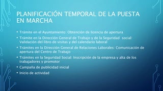 PLANIFICACIÓN TEMPORAL DE LA PUESTA
EN MARCHA
• Trámite en el Ayuntamiento: Obtención de licencia de apertura
• Trámite en la Dirección General de Trabajo y de la Seguridad social:
Validación del libro de visitas y del calendario laboral
• Trámites en la Dirección General de Relaciones Laborales: Comunicación de
apertura del Centro de Trabajo
• Trámites en la Seguridad Social: Inscripción de la empresa y alta de los
trabajadores y promotor
• Campaña de publicidad inicial
• Inicio de actividad
 
